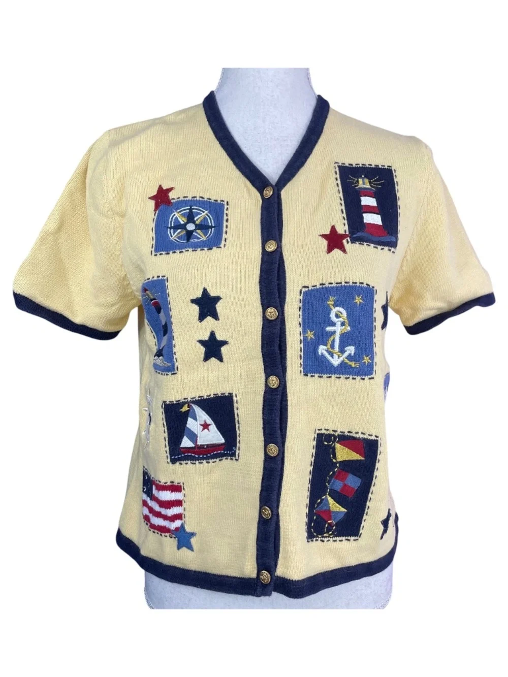 Lighthouse Embroidered Patch Cardigan M Nautical Sailor Anchor Patriotic Stars